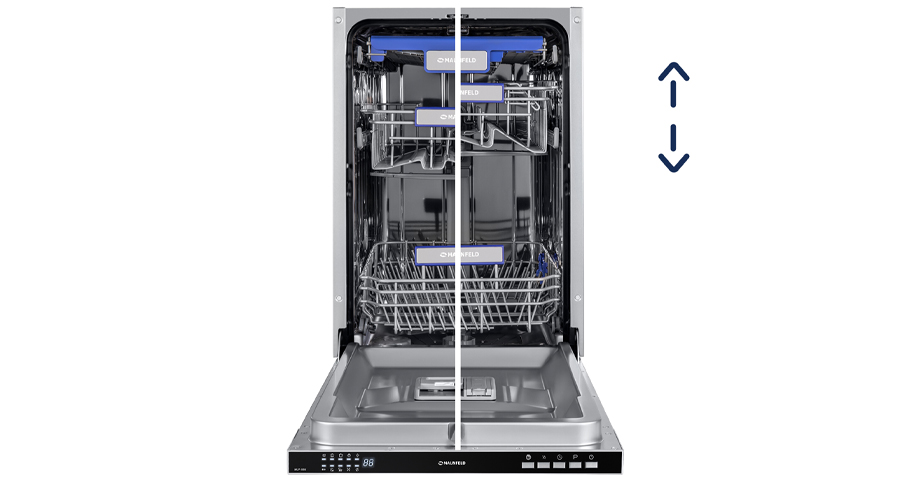 Регулировка средней корзины по высоте для загрузки посуды больших размеров