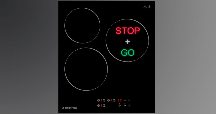 Функция Stop & Go создана для того, чтобы Вы могли в любой момент поставить нагрев конфорки на паузу, а затем так же просто возобновить ее работу.