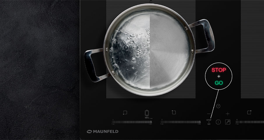 Функция Stop & Go создана для того, чтобы Вы могли в любой момент поставить нагрев конфорки на паузу, а затем так же просто возобновить ее работу.