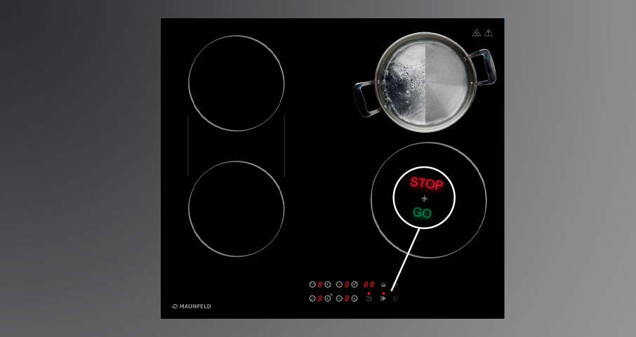 Функция Stop & Go создана для того, чтобы Вы могли в любой момент поставить нагрев конфорки на паузу, а затем так же просто возобновить ее работу.