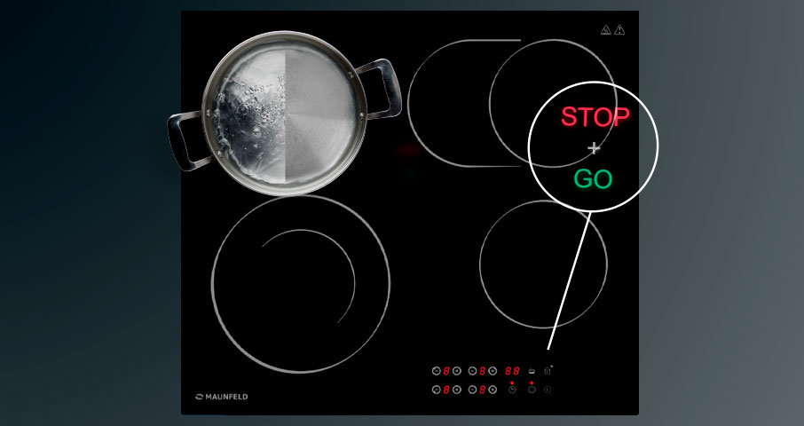 Функция Stop & Go создана для того, чтобы Вы могли в любой момент поставить нагрев конфорки на паузу, а затем так же просто возобновить ее работу.