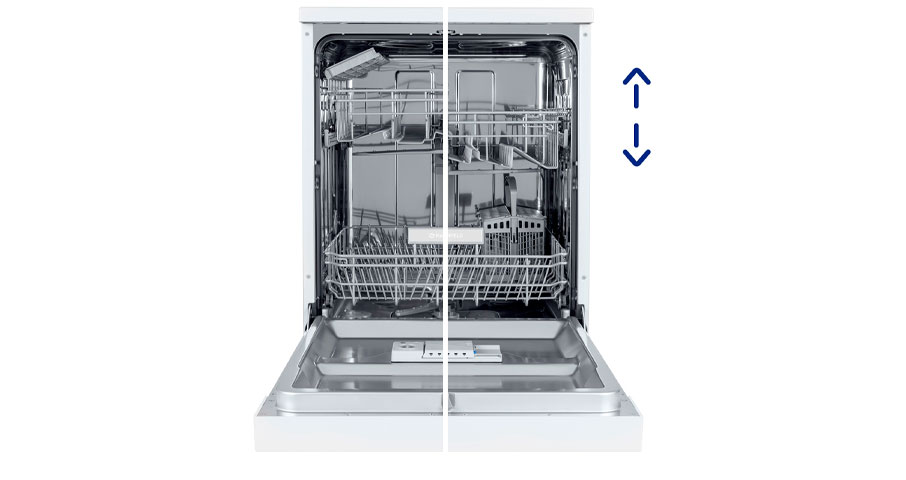 Регулировка средней корзины по высоте для загрузки посуды больших размеров.