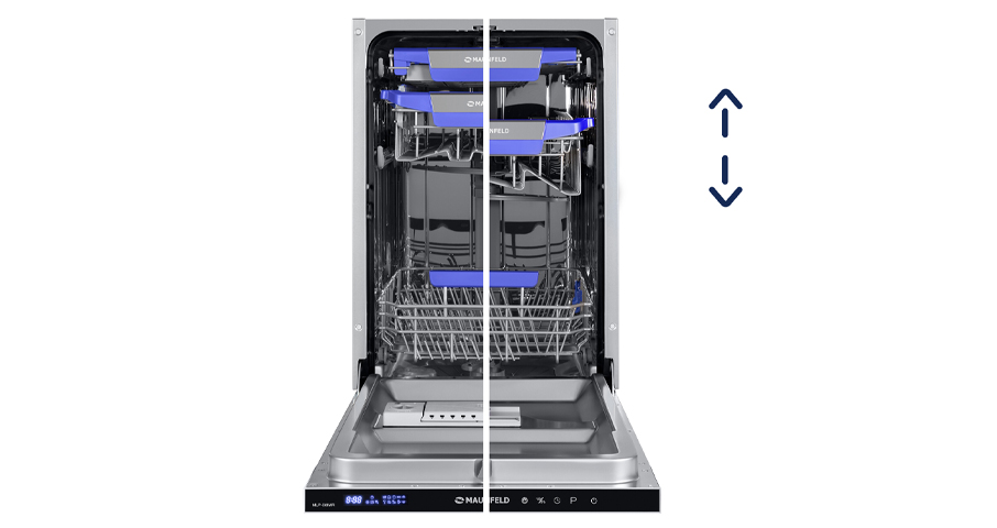 Регулировка средней корзины по высоте для загрузки посуды больших размеров