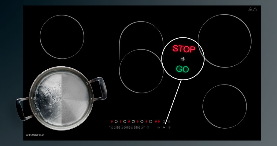 Функция Stop & Go создана для того, чтобы Вы могли в любой момент поставить нагрев конфорки на паузу, а затем так же просто возобновить ее работу.