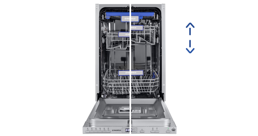 Регулировка средней корзины по высоте для загрузки посуды больших размеров