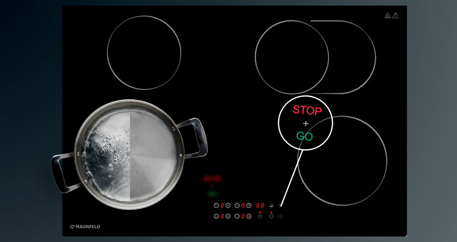 Функция Stop & Go создана для того, чтобы Вы могли в любой момент поставить нагрев конфорки на паузу, а затем так же просто возобновить ее работу.