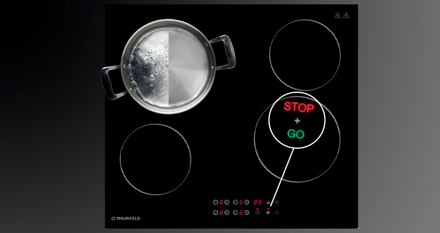 Функция Stop & Go создана для того, чтобы Вы могли в любой момент поставить нагрев конфорки на паузу, а затем так же просто возобновить ее работу.