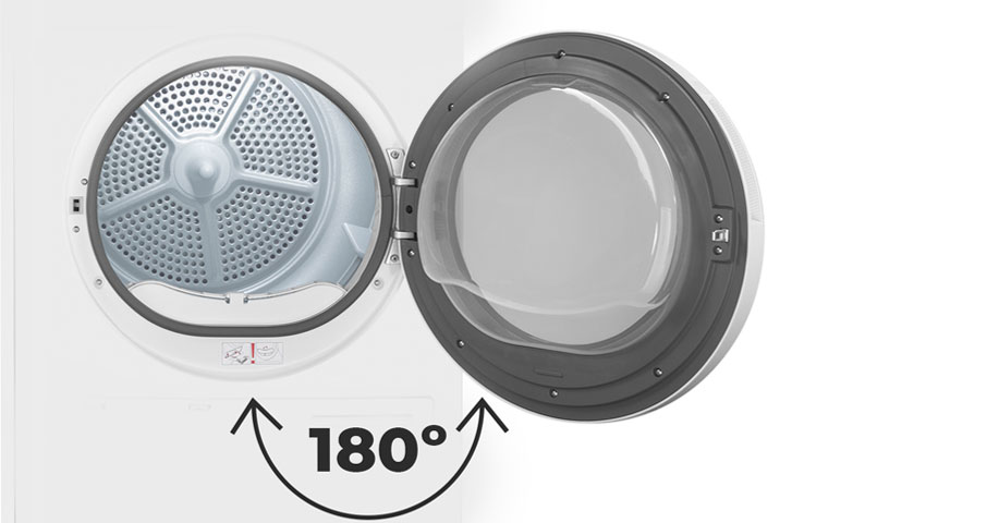 Угол открытия дверцы 180 градусов. При диаметре отверстия люка 375 мм делает процесс загрузки и извлечения одежды из сушильной машины простым и удобным.